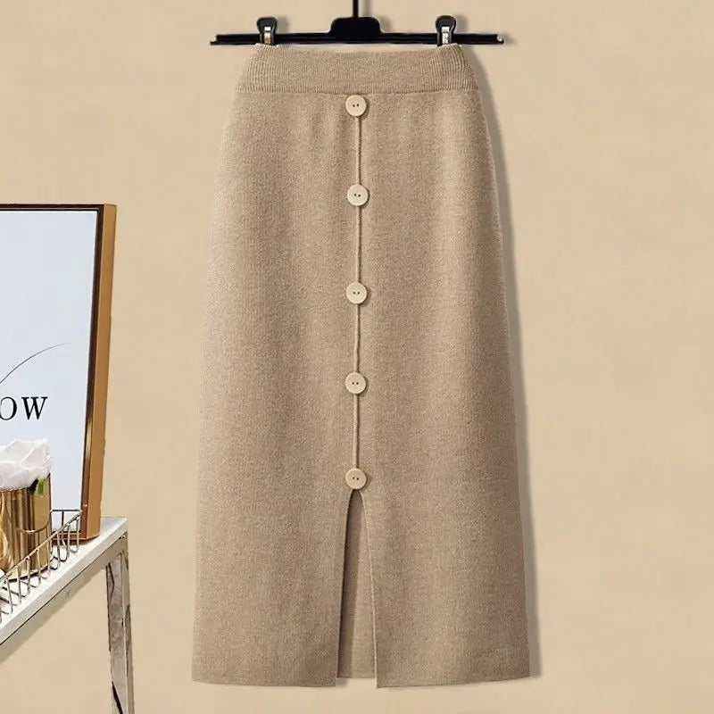 French Elegant Pearl Ruffle Beaded Sweater Top Knitted Shirt Split Half Skirt Two Piece Sets