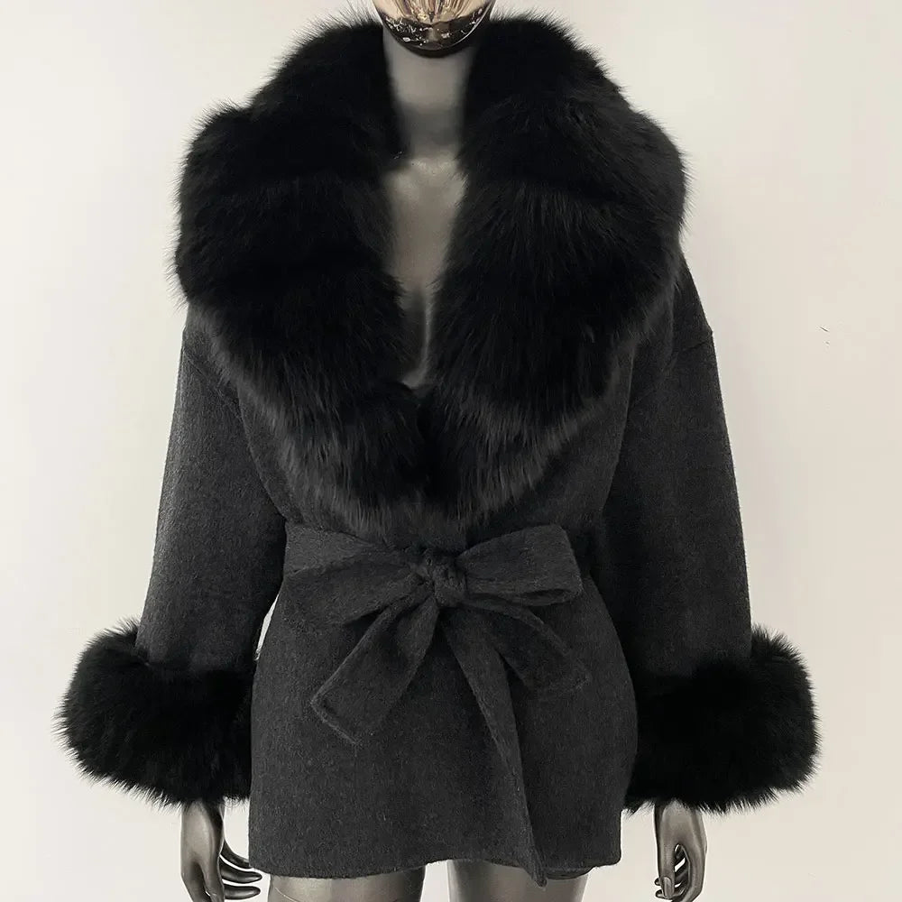 Winter Loose Outerwear Casual Natural Real Raccoon Fox Fur Blends Wool Coat