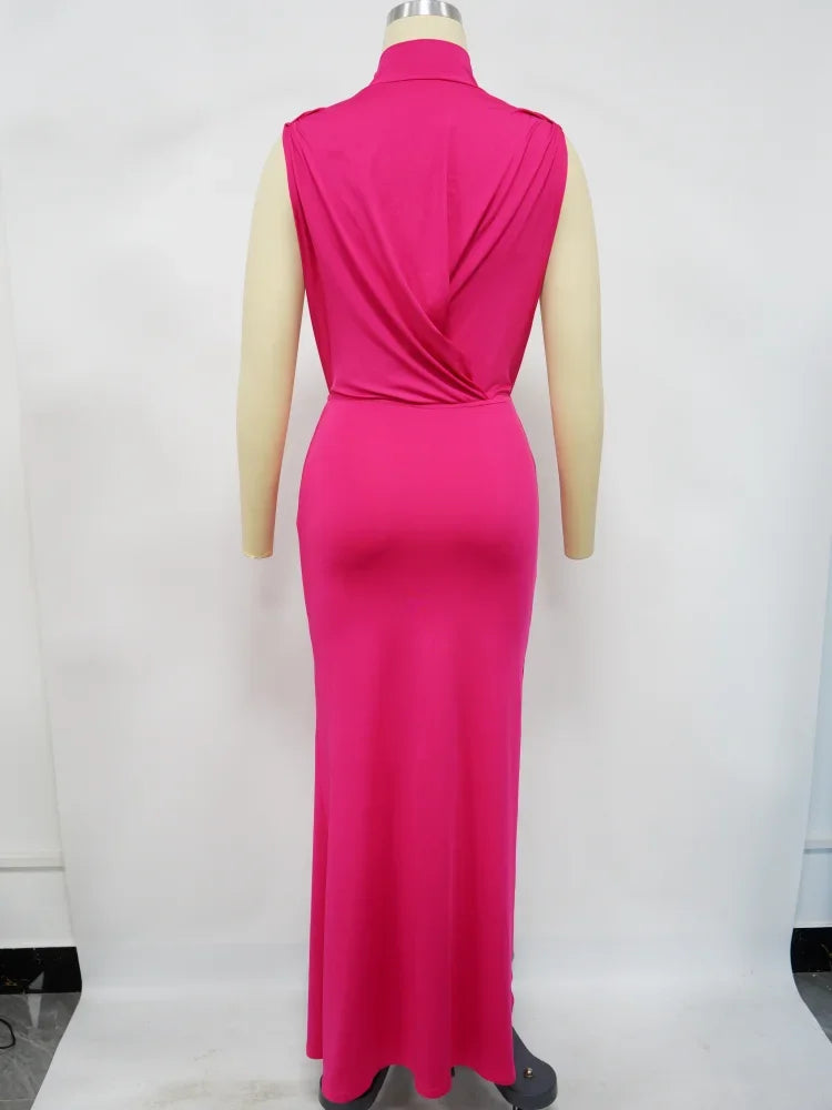 O-neck High Split Ruched Stacked Bodycon Midi Maxi Dress