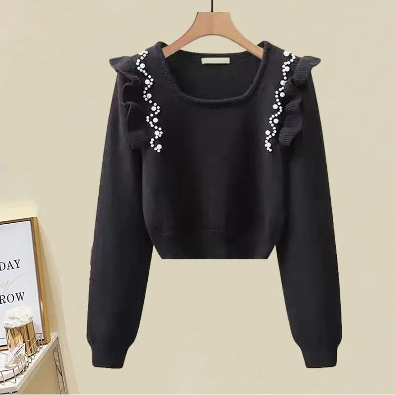 French Elegant Pearl Ruffle Beaded Sweater Top Knitted Shirt Split Half Skirt Two Piece Sets