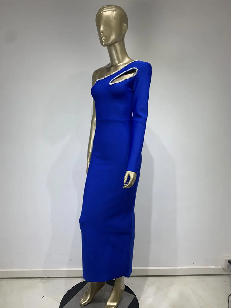 One Shoulder Single Sleeve Blue Diamonds Mid-Calf Bandage Dress