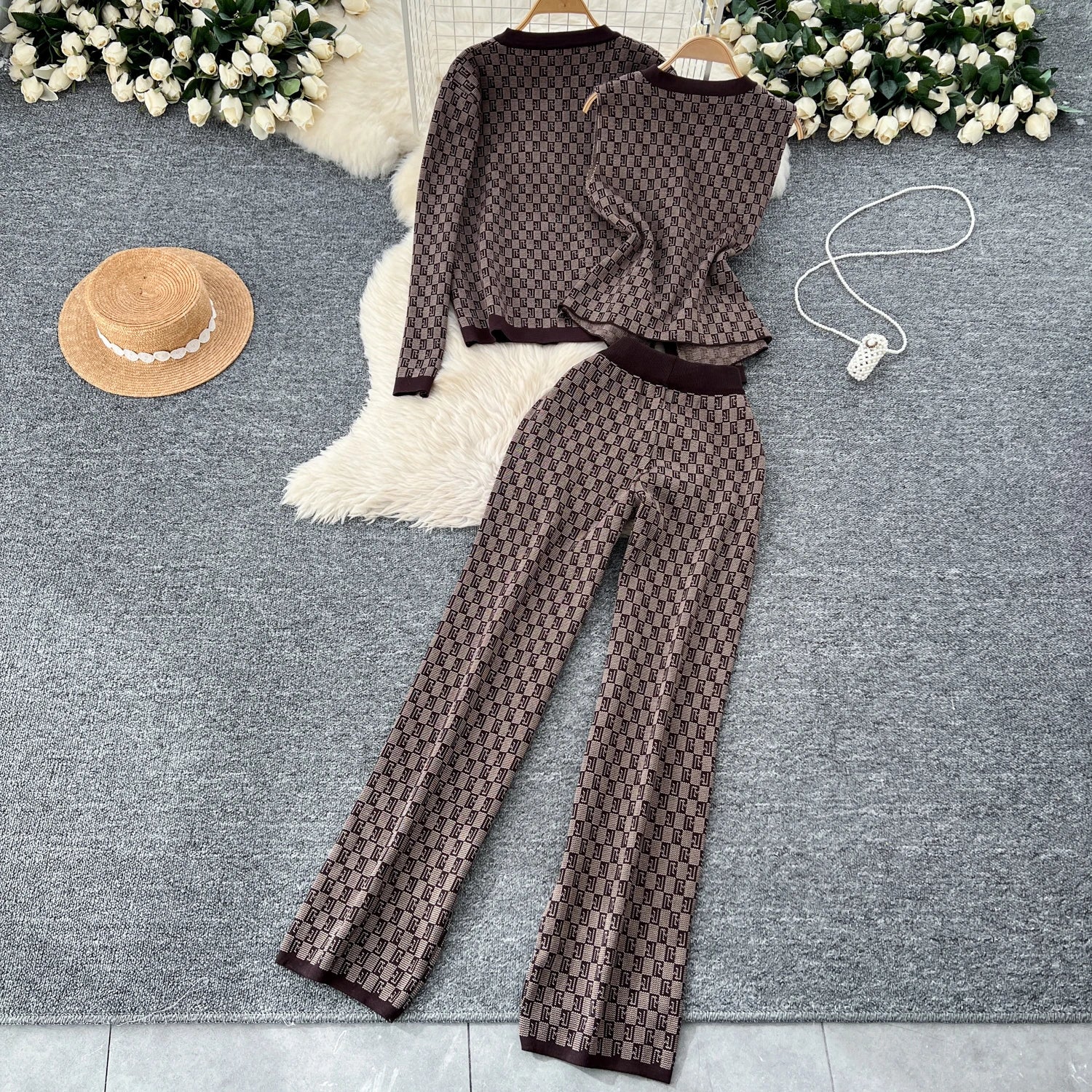Three Piece Plaid Print Sweater Suits Knit Cardigans+Elastic Long Pants