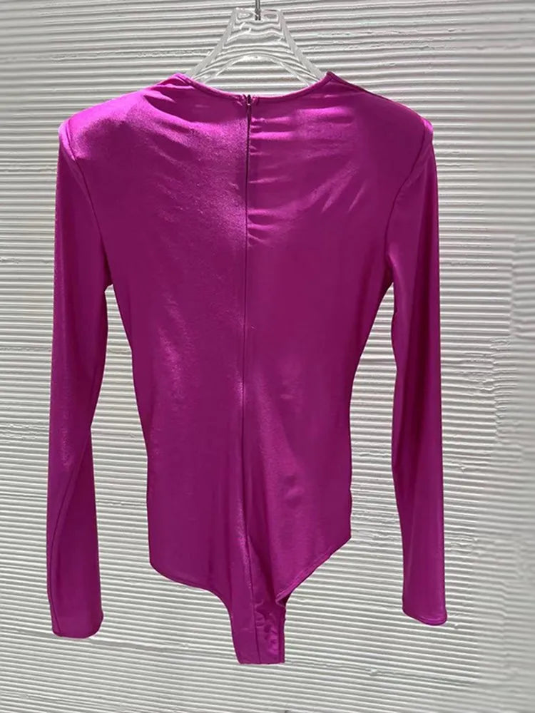 Solid Folds Twist V Neck Long Sleeve High Waist Slim Blouse
