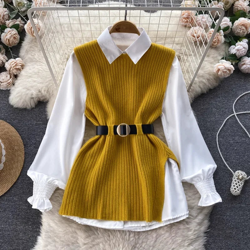 Luxury Style Loose-fit Long Sleeve White Shirt Side Slit Knit Vest 2-piece Set