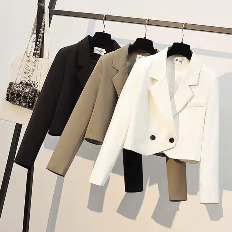 Cropped Blazer  Vintage Long Sleeve Notched Collar Suit-Jacket