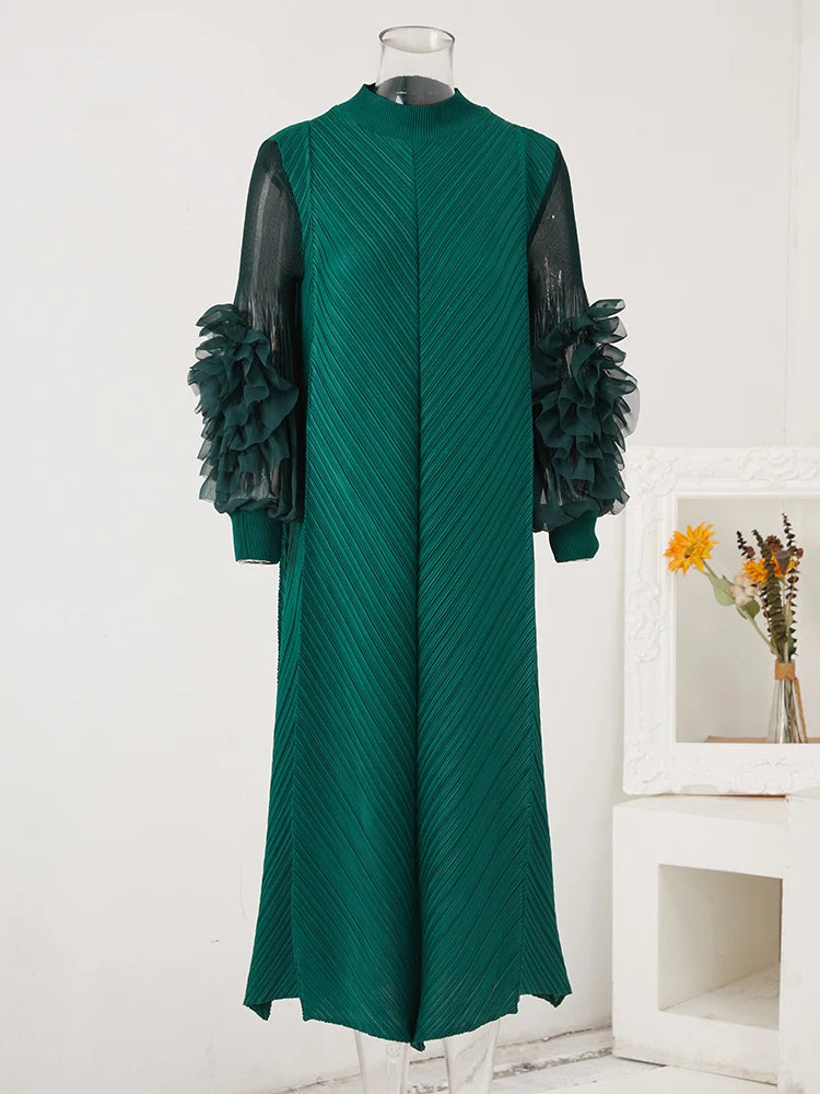 Maxi Pleated Round Neck Spliced Full Sleeve Dress