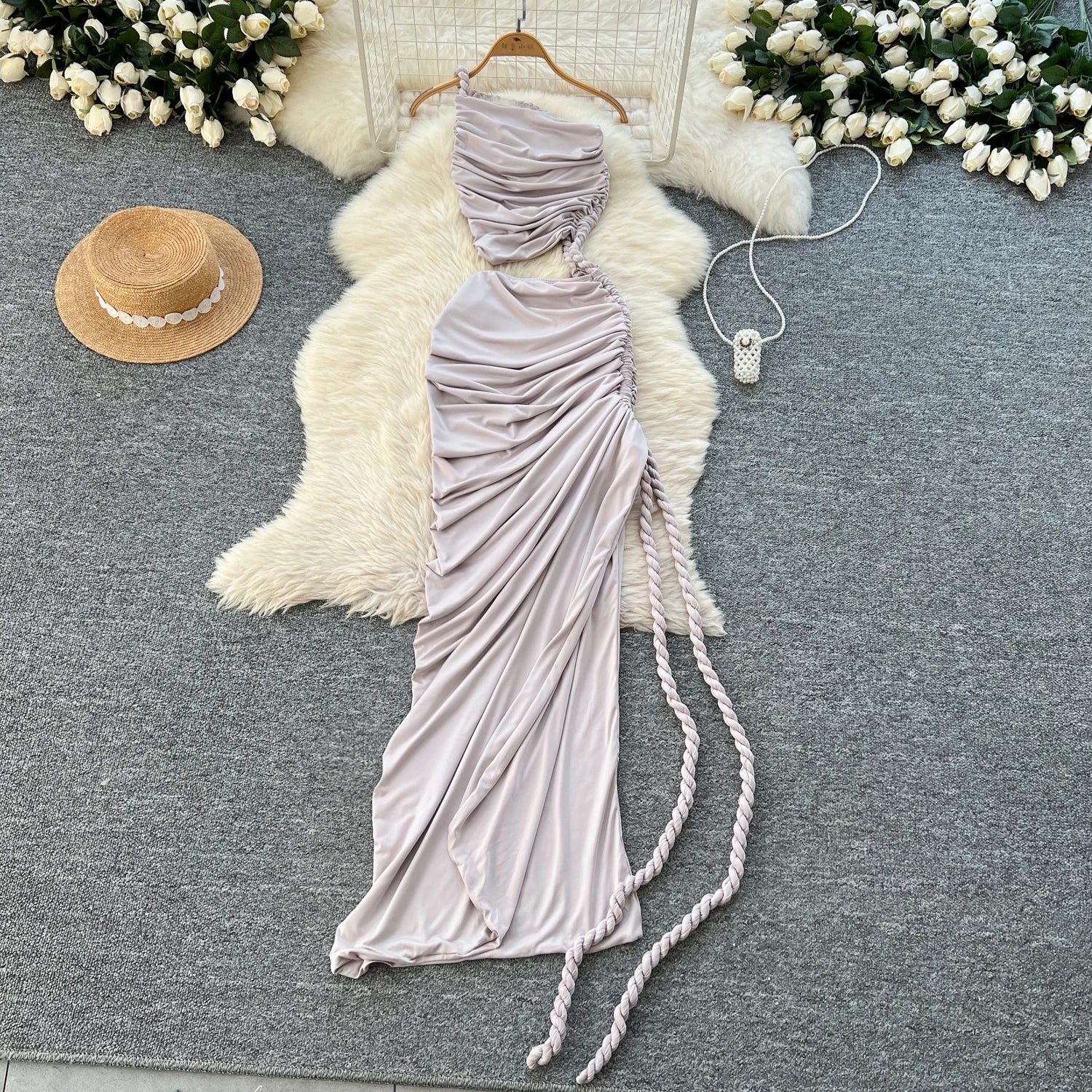 Hollow Out Split Ruched Solid Maxi Sundress