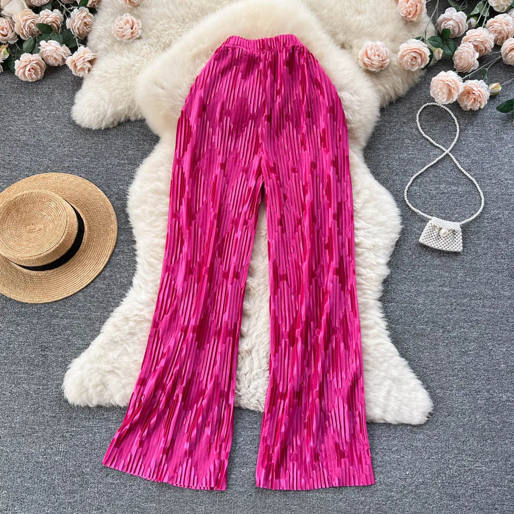 Pleated Vintage Striped Long High Waist Wide Leg Trousers