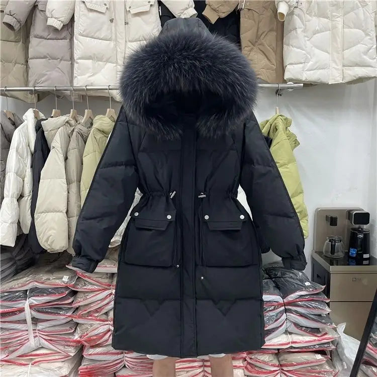 High End Goose Down Medium Length Thick Fur Collar Hooded Warm Coat