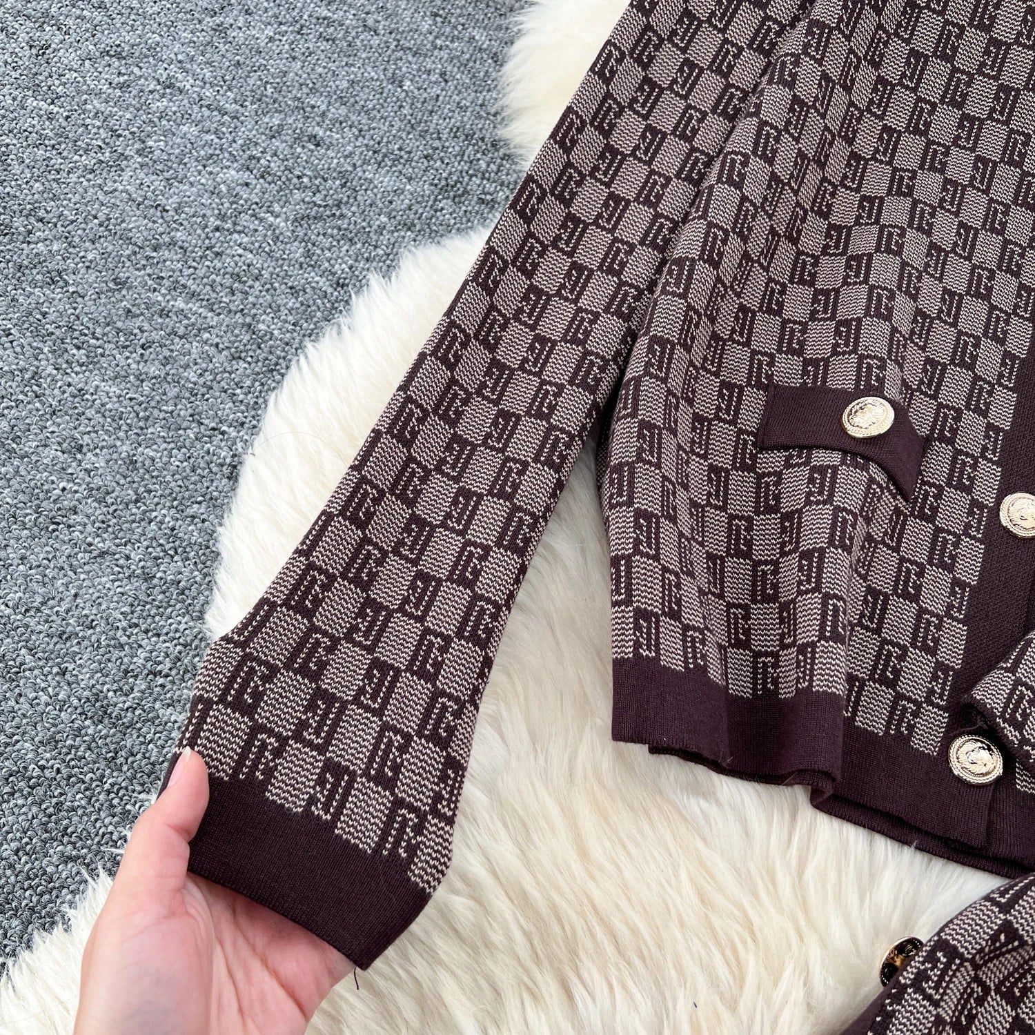 Three Piece Plaid Print Sweater Suits Knit Cardigans+Elastic Long Pants