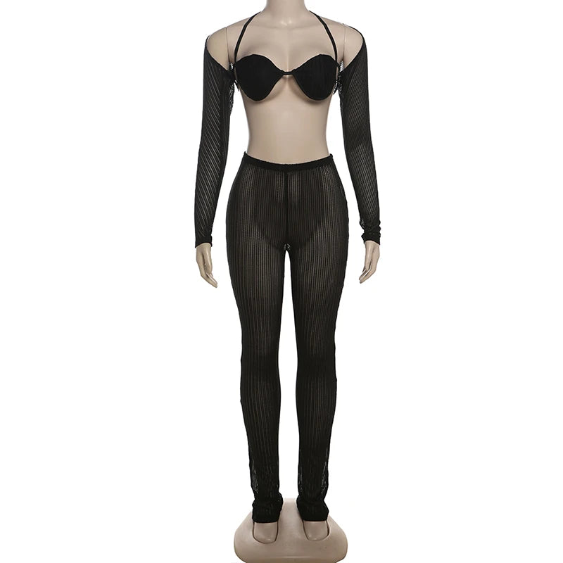 Three Piece Set Mesh Crop Tops+Bandage Bra+Leggings Tight Matching Outfits