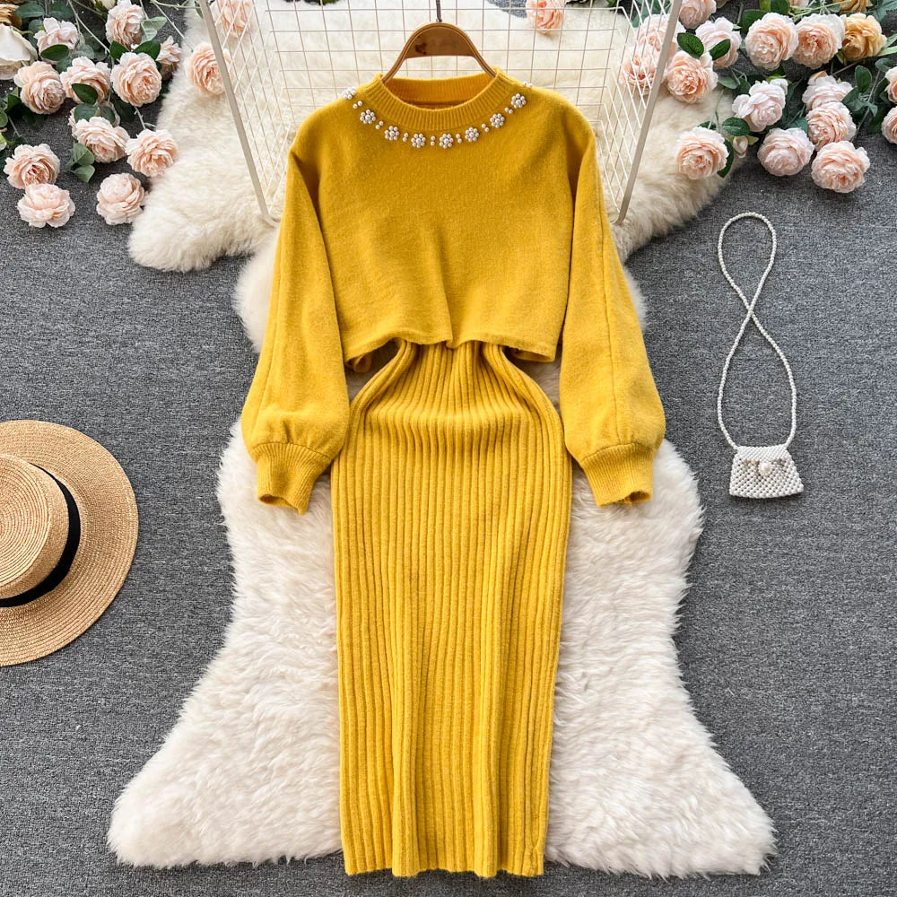 Knitted Sets Long Sleeve Pearl Sweater+Knitted Dress Sweater Suits