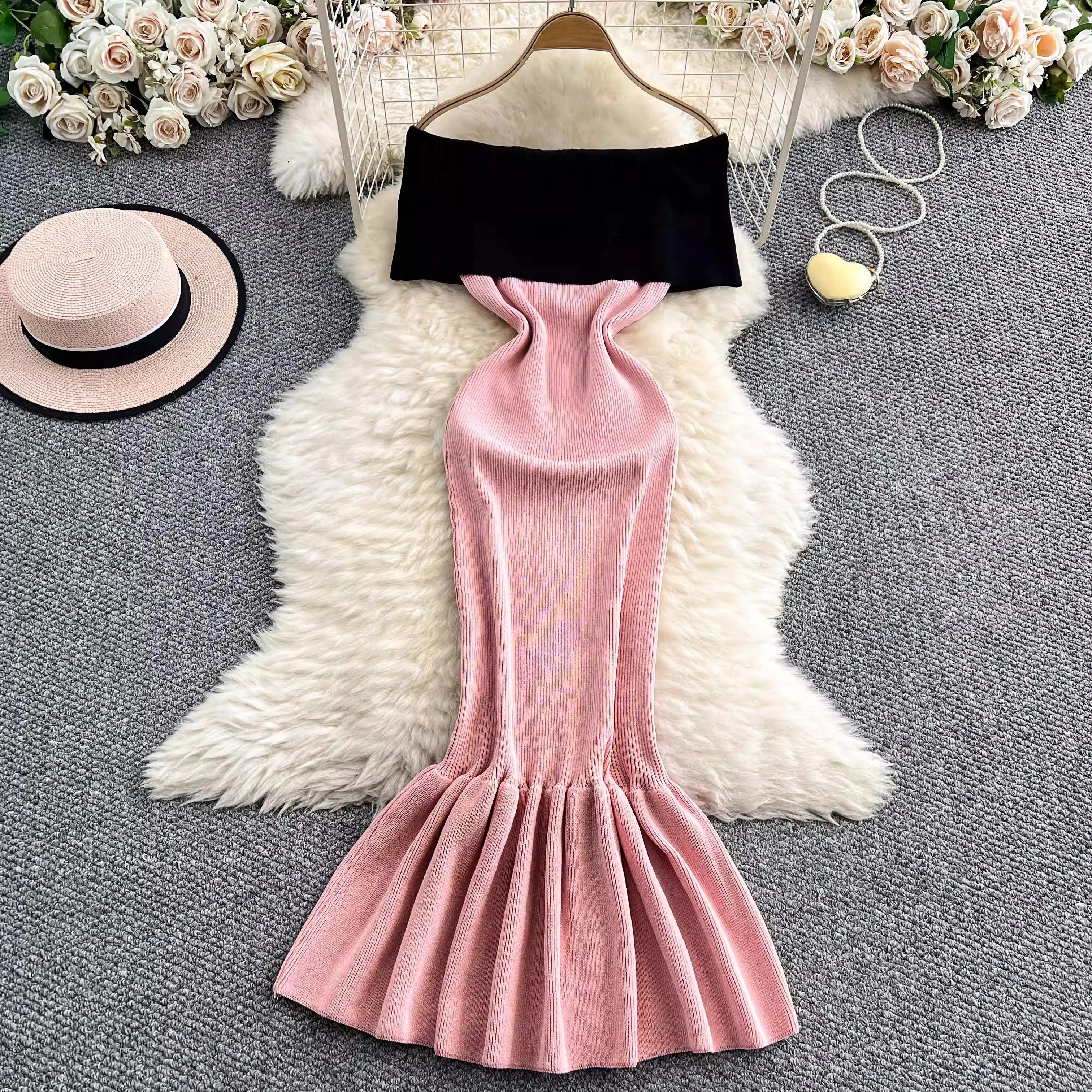 Elegant Slash Neck Mermaid Knit Bodycon Luxury Dresses