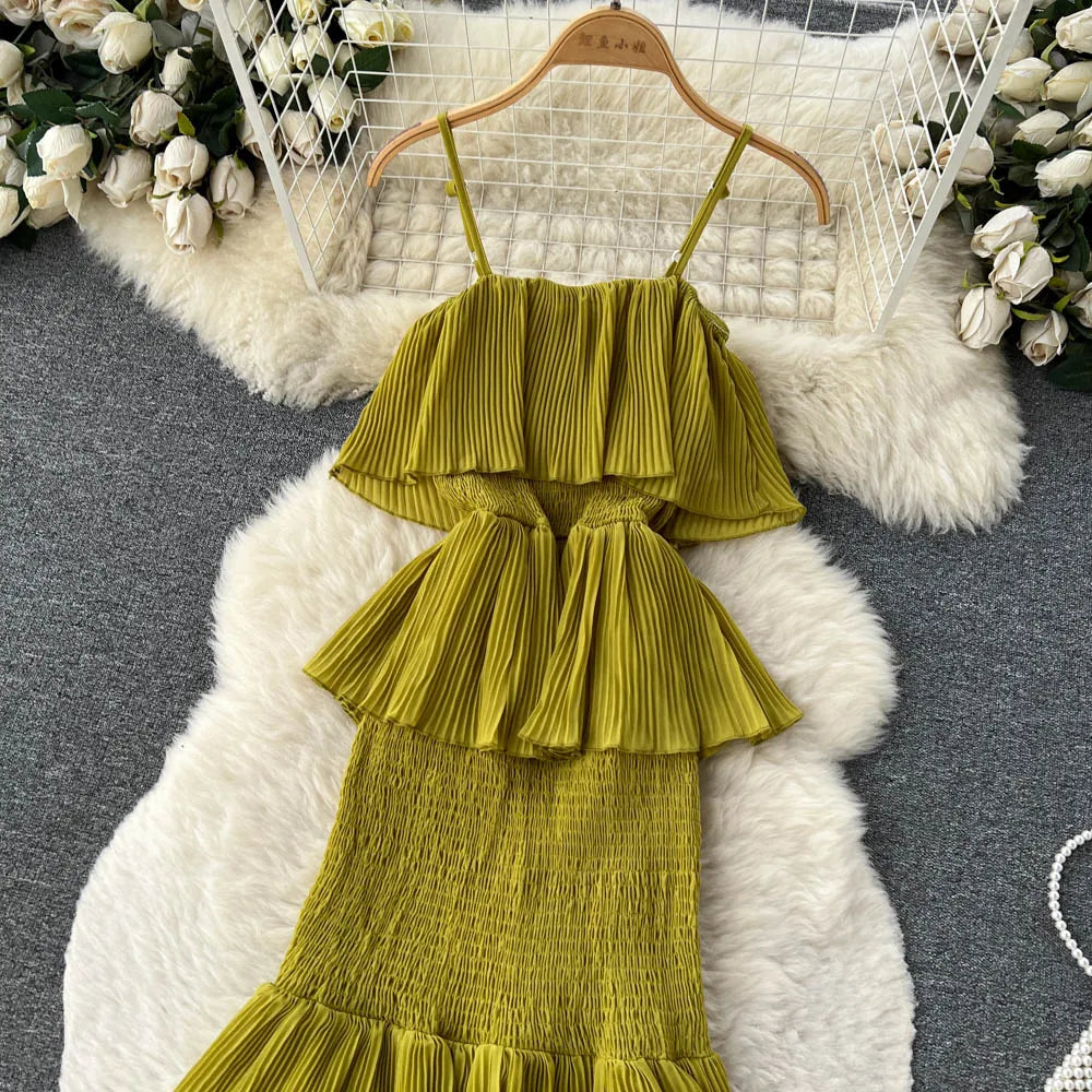 Ruffles Pleated Strapless Sleeveless Slim Dress