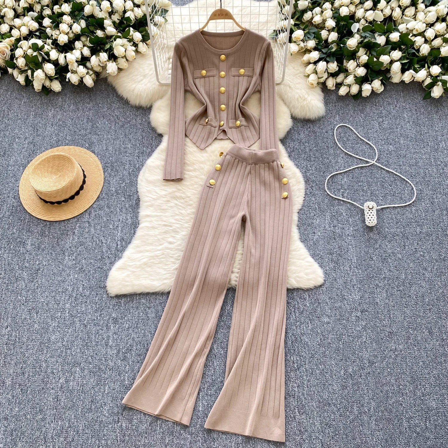 Long Sleeves Chic Buttons Pullovers+Elastic Long Pants Vintage Two Pieces Sets