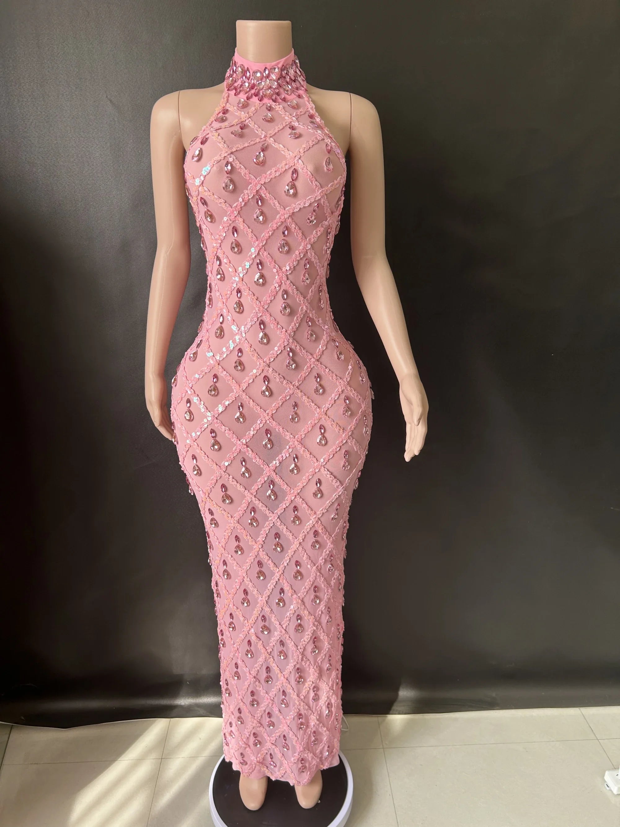 Prom Birthday Dress Transparent Rhinestone Sequins Dress