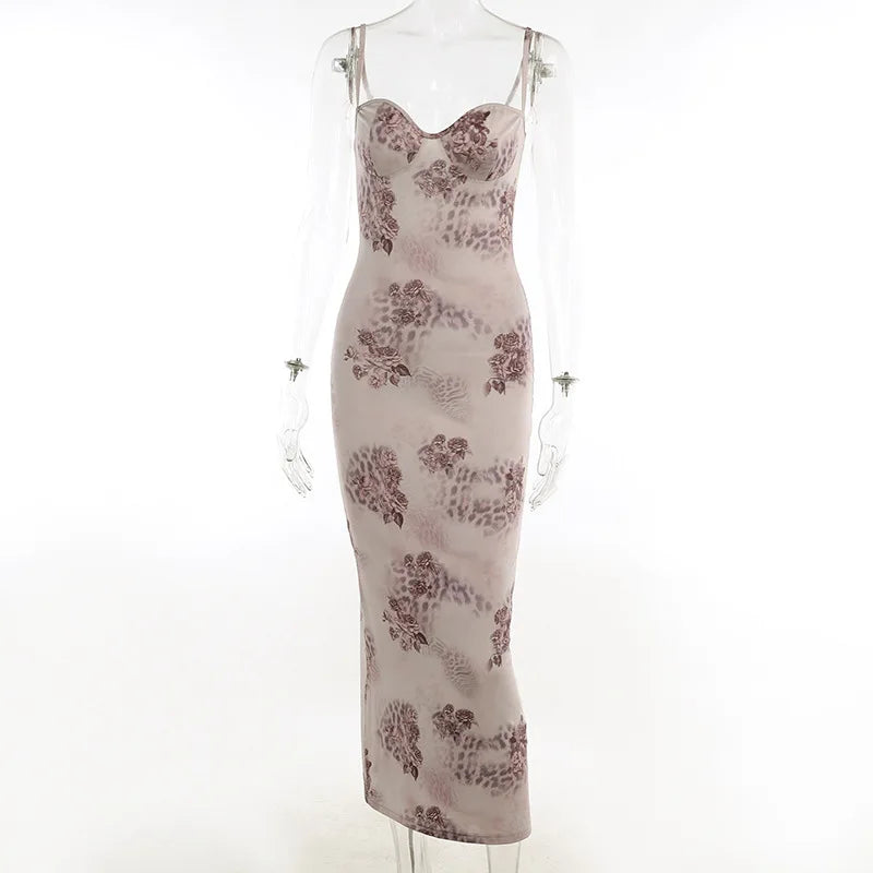 Floral Print Spaghetti Strap Bodycon Long Dresses