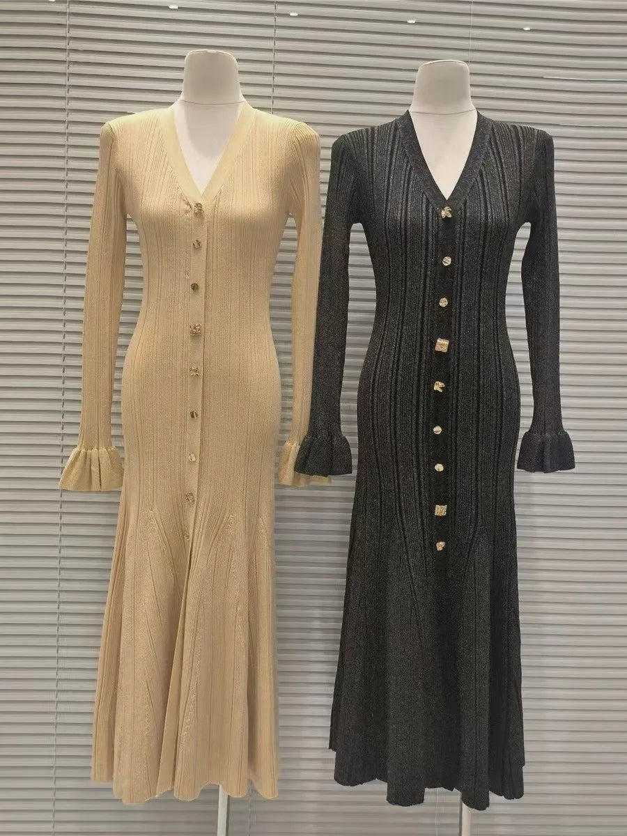 Autumn Winter Knitted V-Neck Long Sleeve Single Breasted Long Knitted Dress