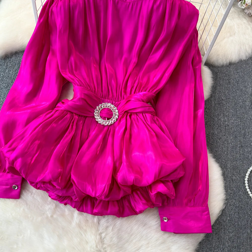 Long Sleeve Tie Up Pleated Blouse