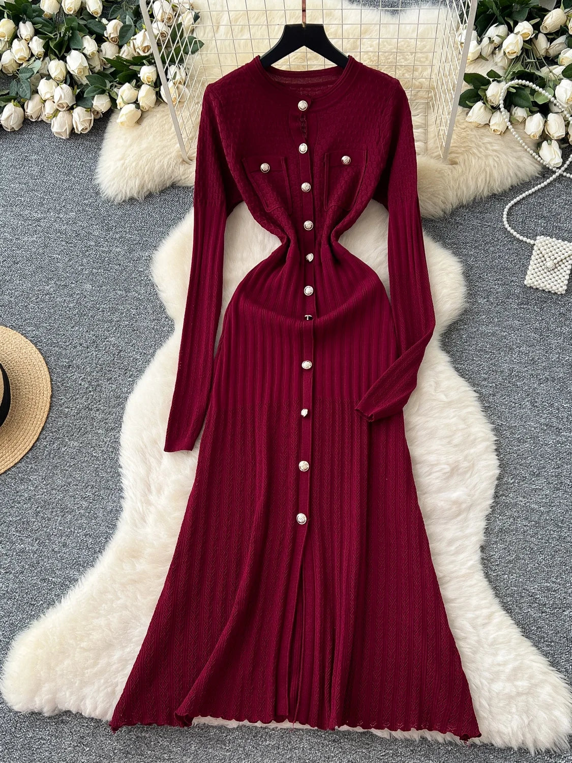 High-Waisted Knitted Long Autumn Hollow out Dress