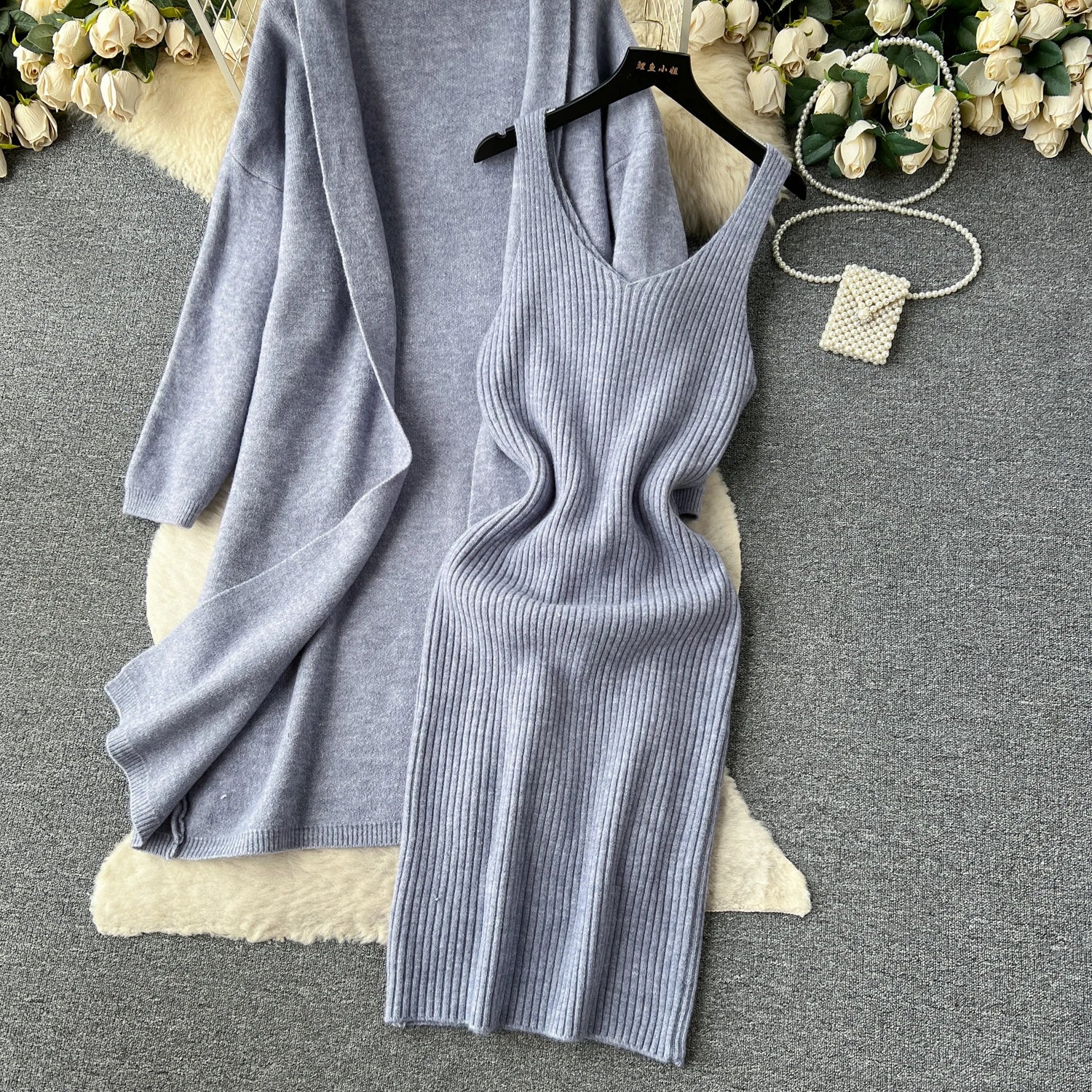 Autumn Thick Warm Knitted Suits Knit Dress+Loose Long Cardigans Sweater Casual Two Pieces Sets