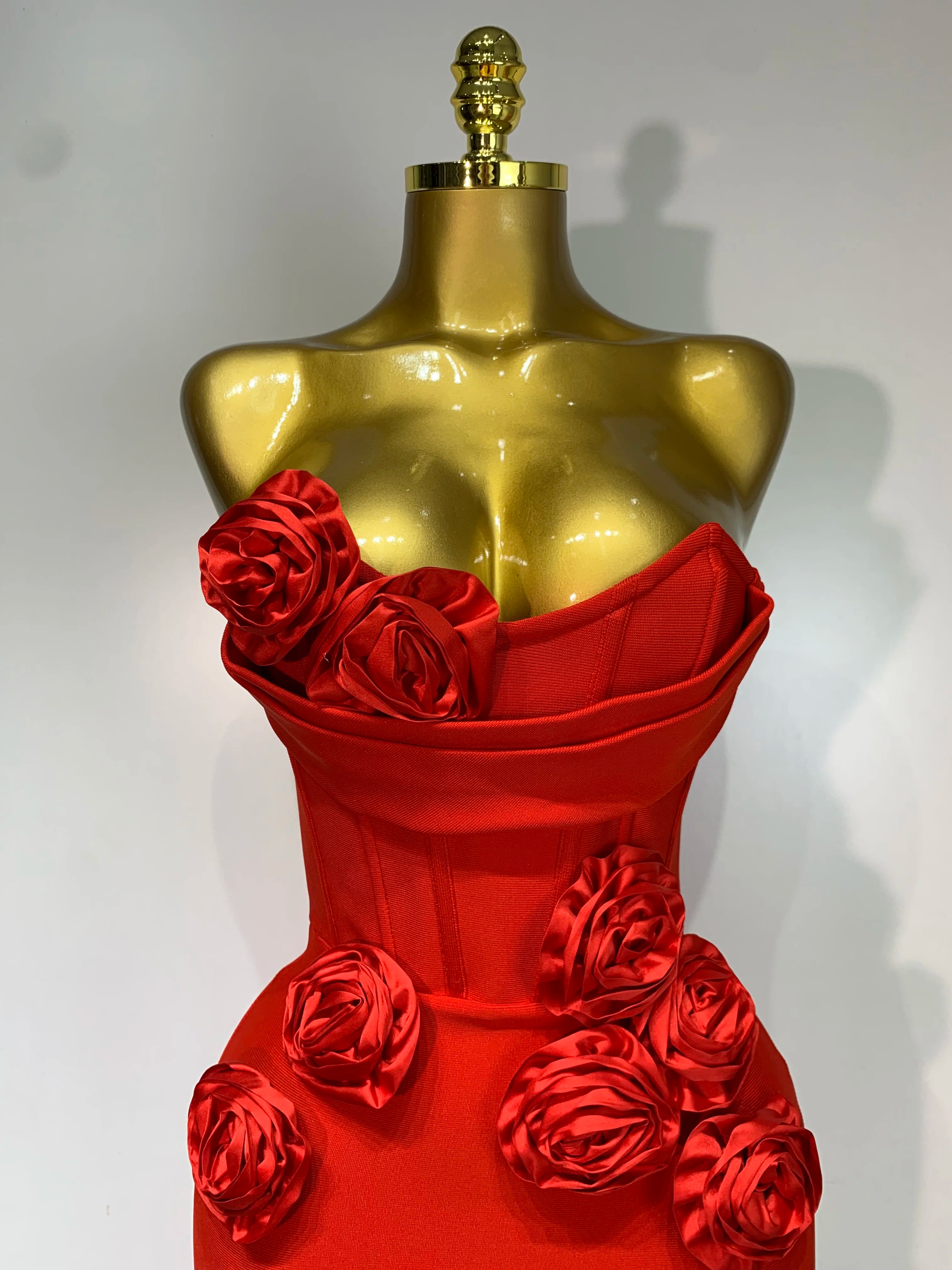 Strapless Backless Red Flower Midi Bandage Dress