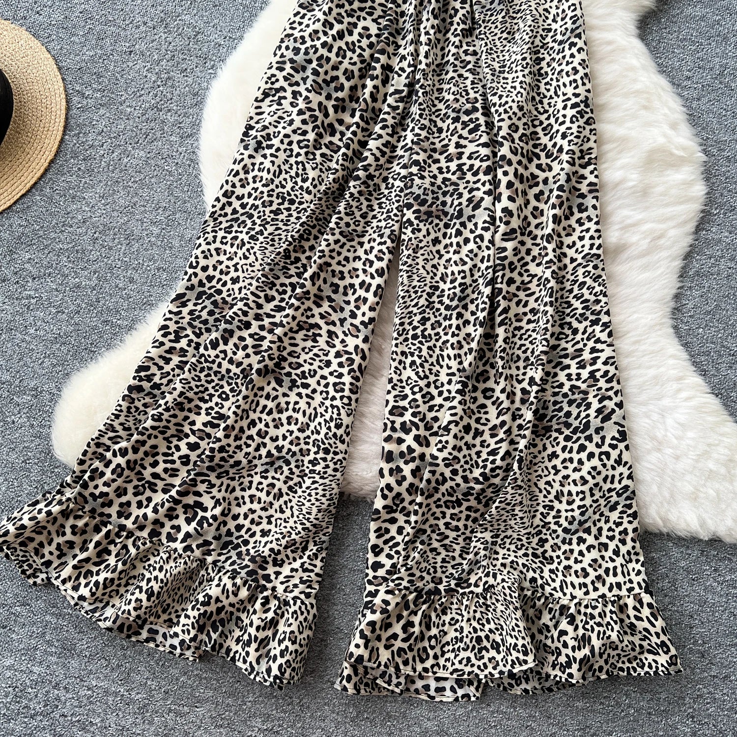 Flared Sleeves Elastic Waist Slim Fit Leopard Print Long Rompers Jumpsuit