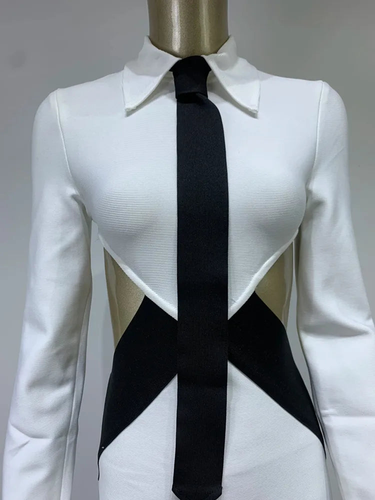 Long Sleeve Patchwork Black White Tie Cut Out Mini Bandage Dress