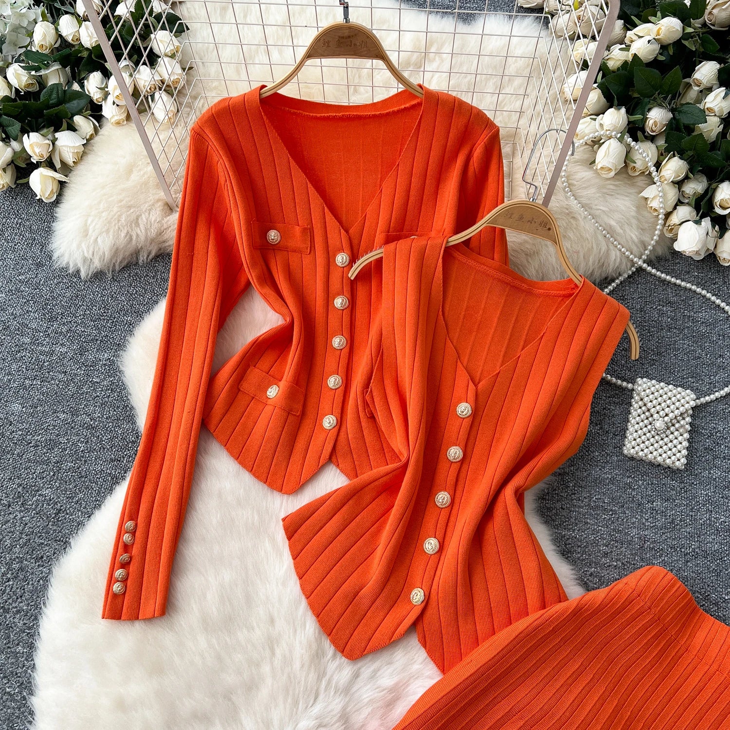 Knitted Full Sleeves Tops+Single Breasted Tank Tops+Elastic Waist Skirt  Suits