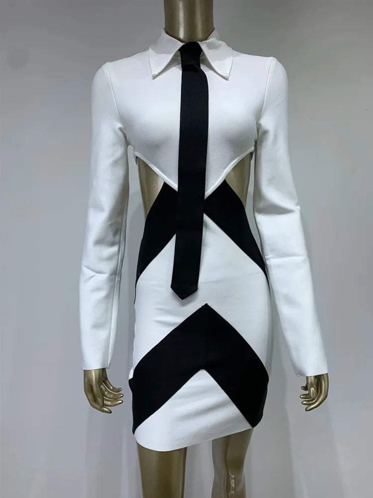 Long Sleeve Patchwork Black White Tie Cut Out Mini Bandage Dress