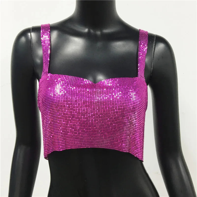 Bling Metallic Sequin Crop Top y2k Backless Straps Cropped Top