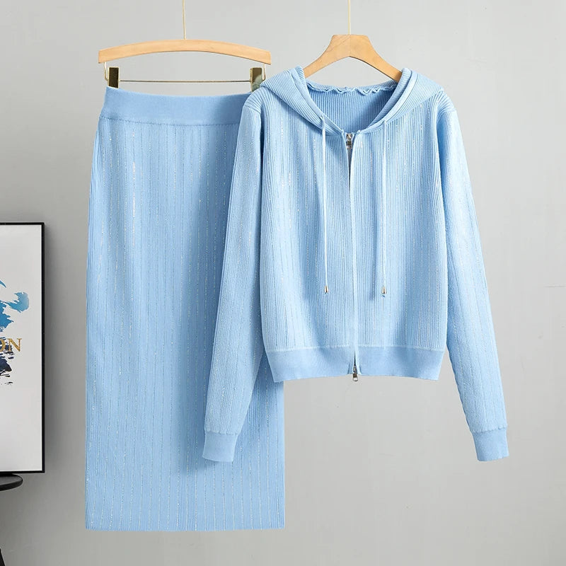 Knitted Cardigan High Waisted Wrapped  Skirt 2 Piece Set