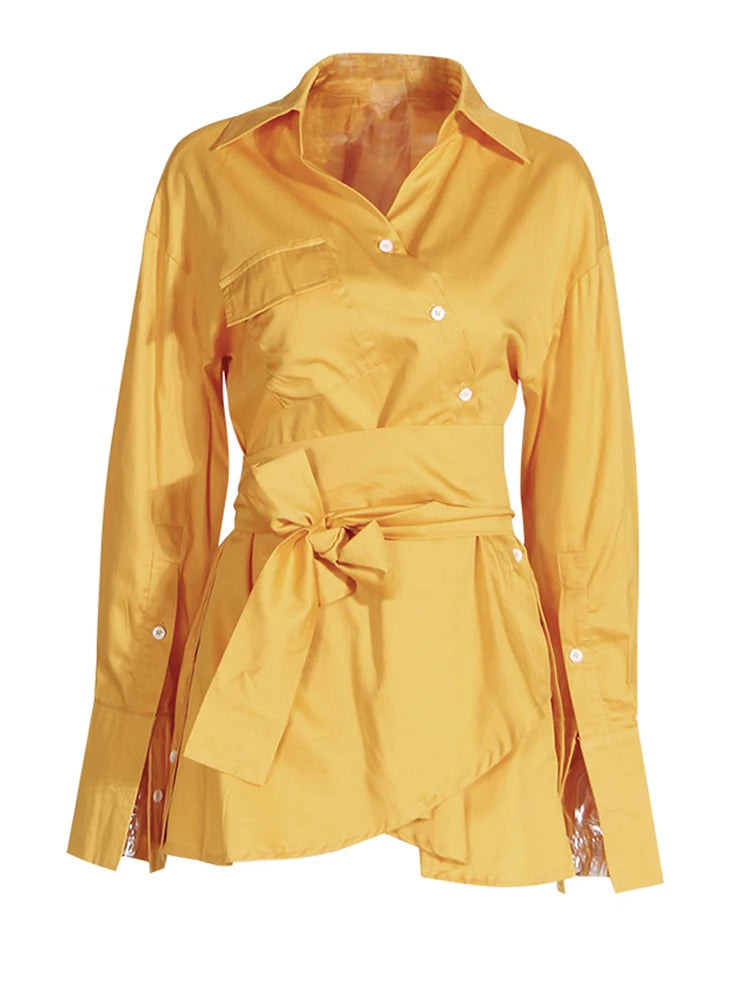 Autumn Irregular Bandage Slit Women's Shirt Dress