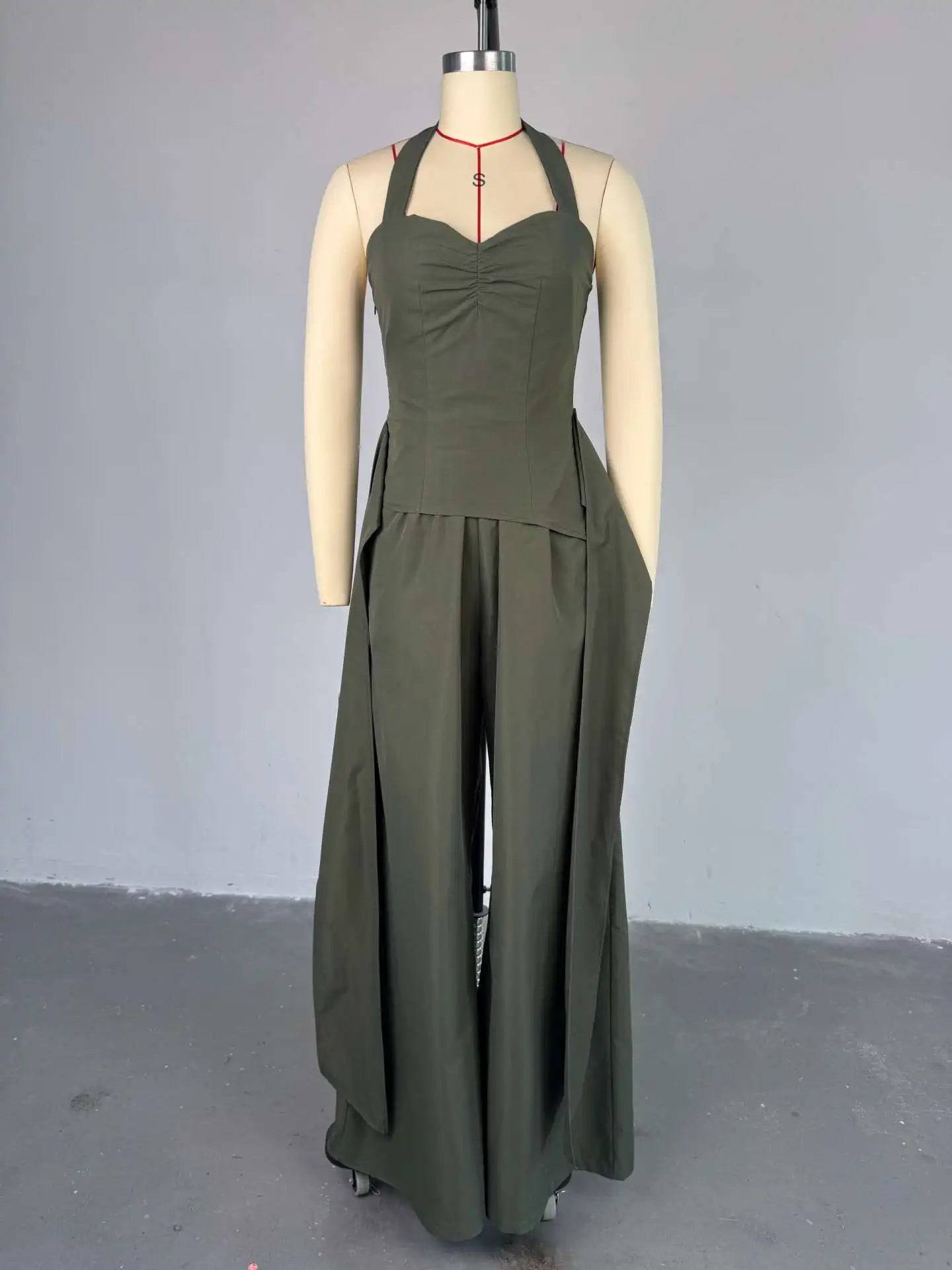 Ruched Front Streamer Side Crop Top and Loose Wide Leg Pants Two Piece Sets