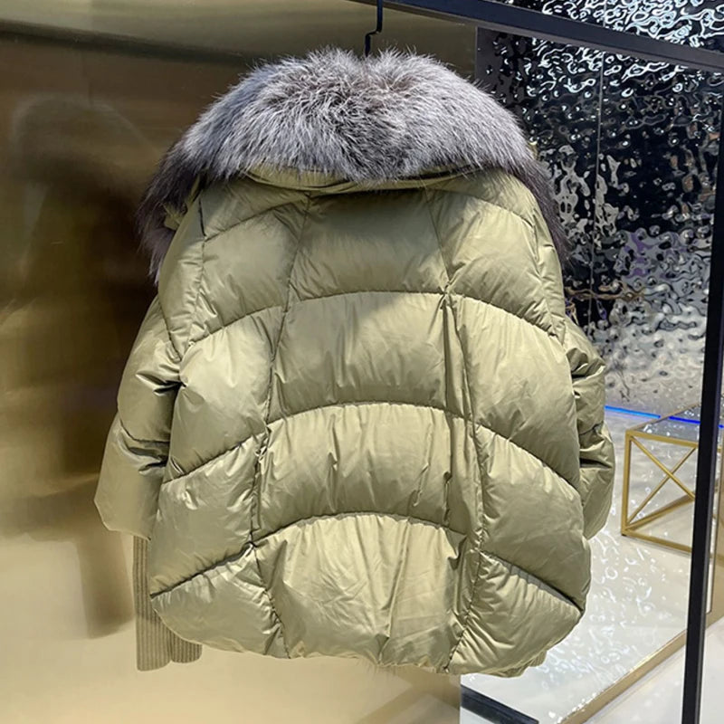 Puffer Duck Down Coat Real Silver Fox Fur Collar Parkas