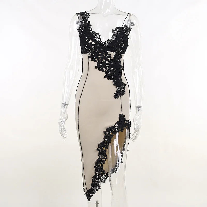 Lace Embellished Asymmetric Slit Midi Dress