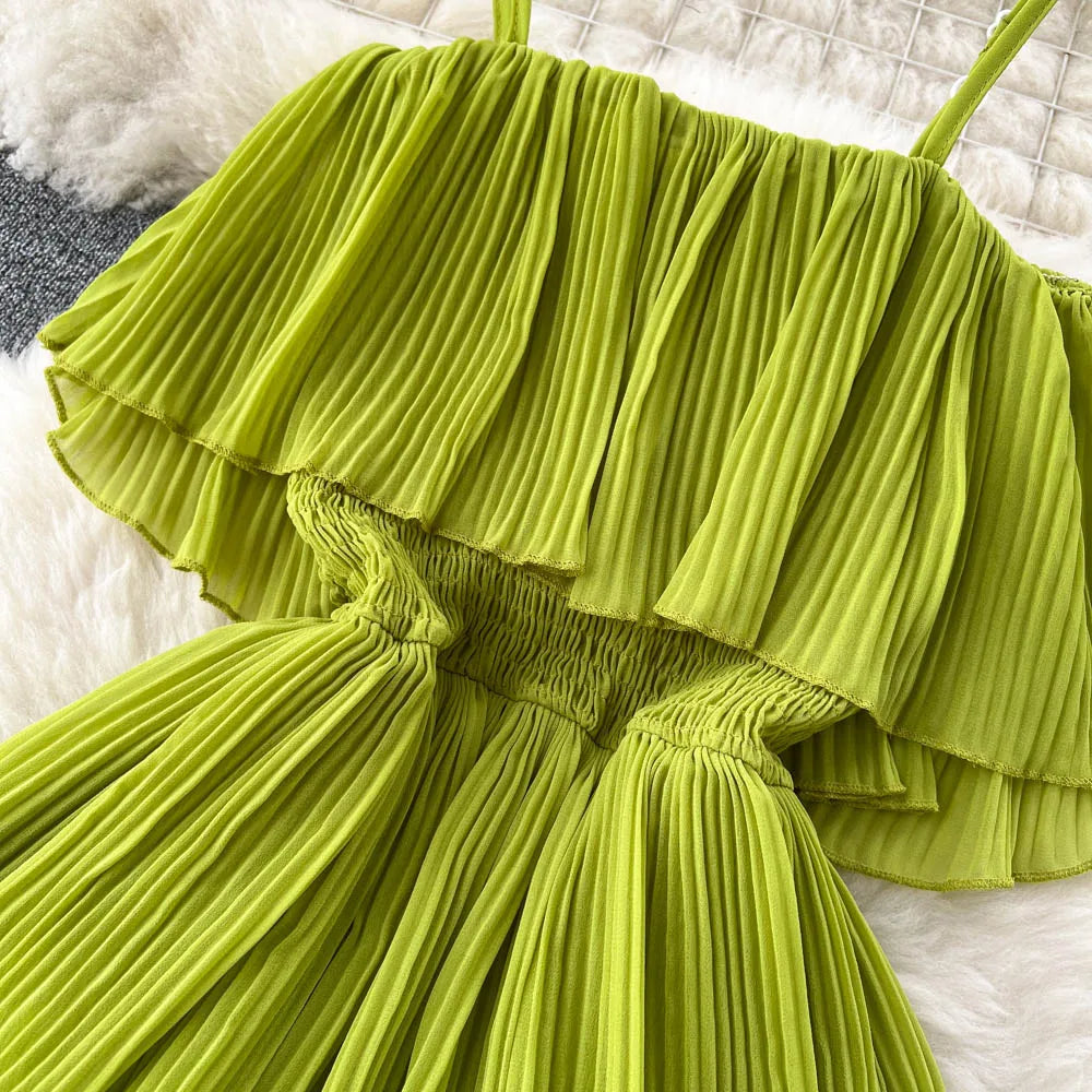 Ruffles Pleated Strapless Sleeveless Slim Dress