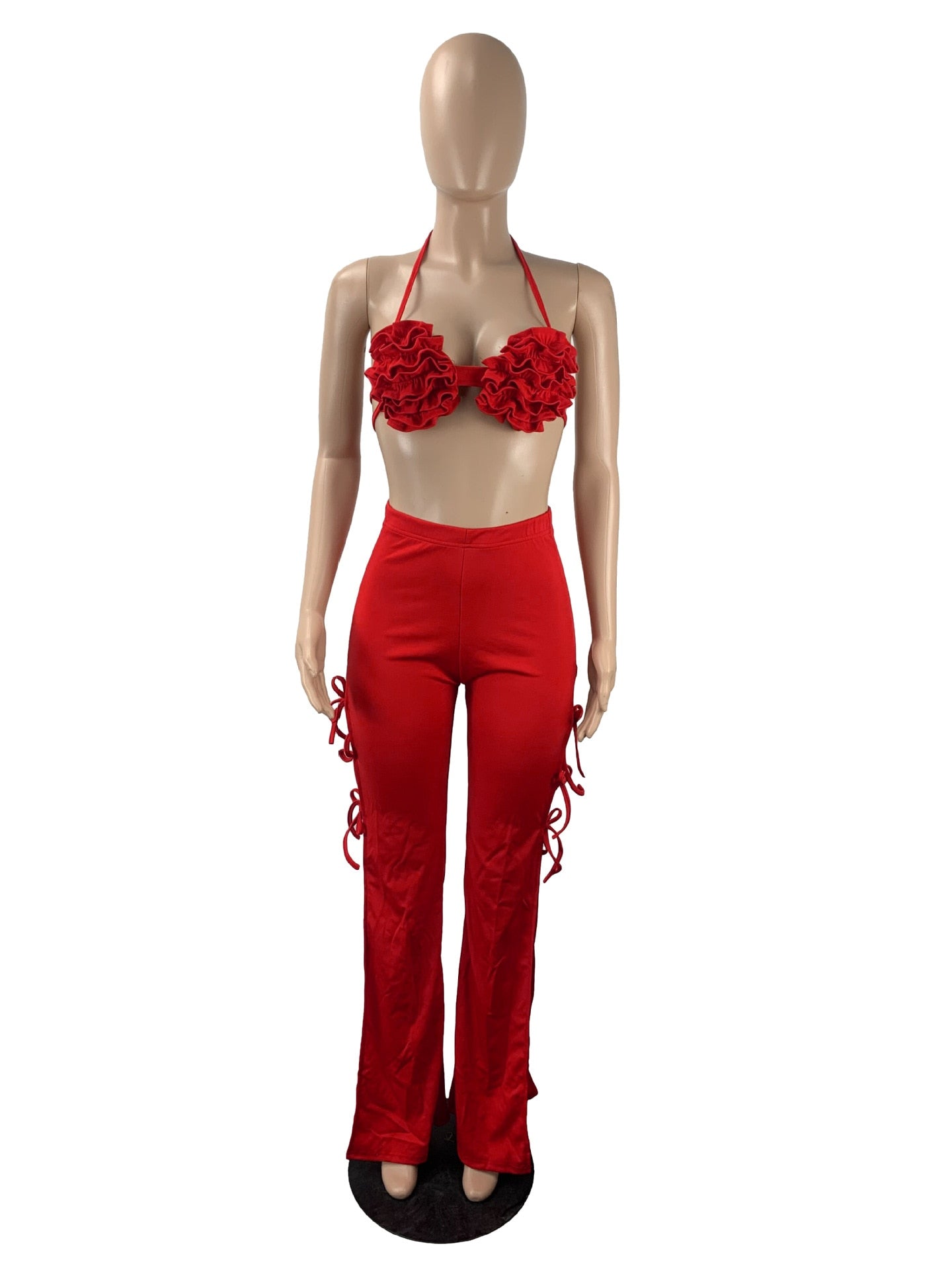 Floral Bra Tops and High Side Split Lace Up Wide Leg Pants Set