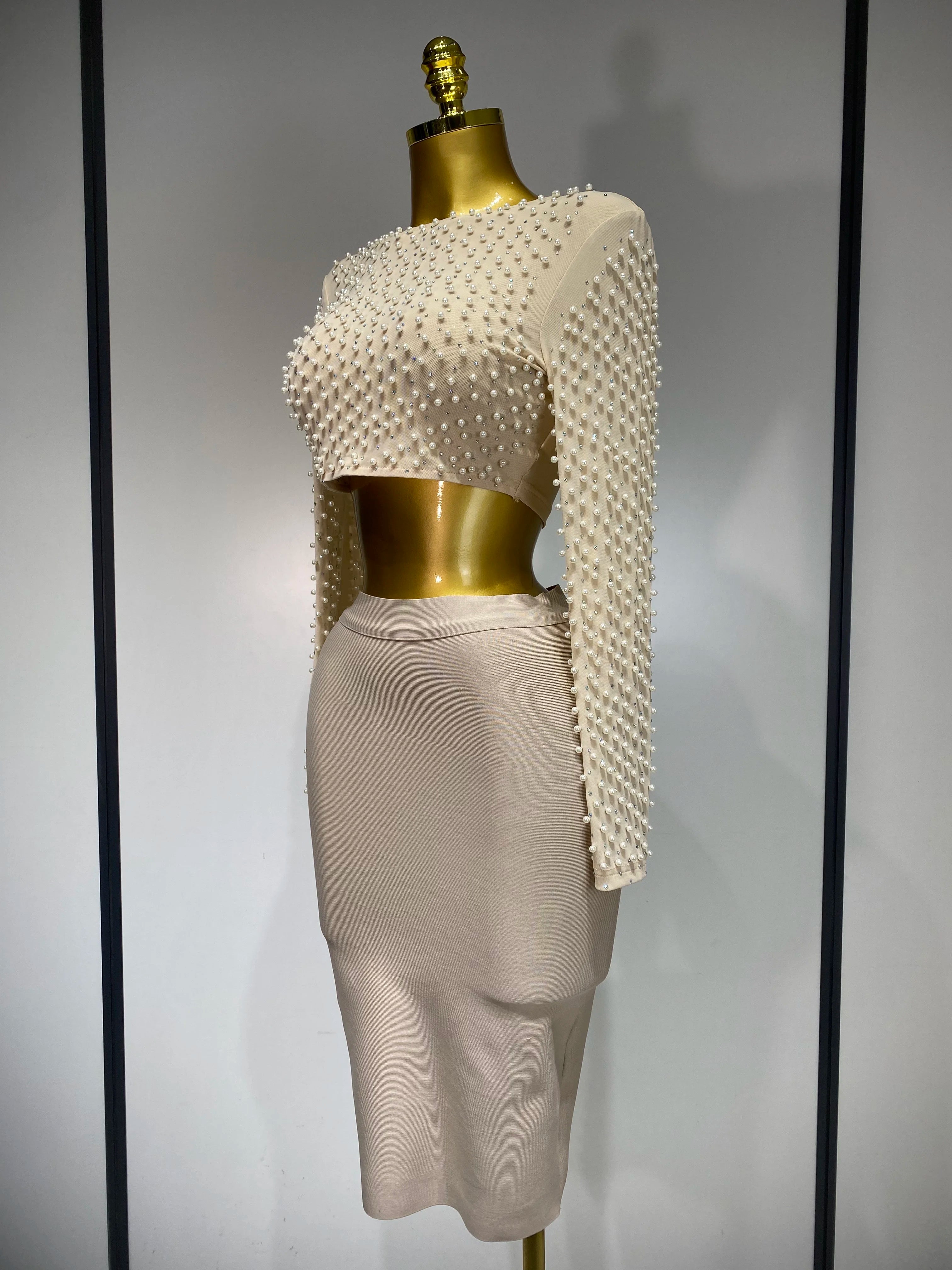 Long Sleeve Mesh Pearl Top  Midi Skirt Bandage Two Set