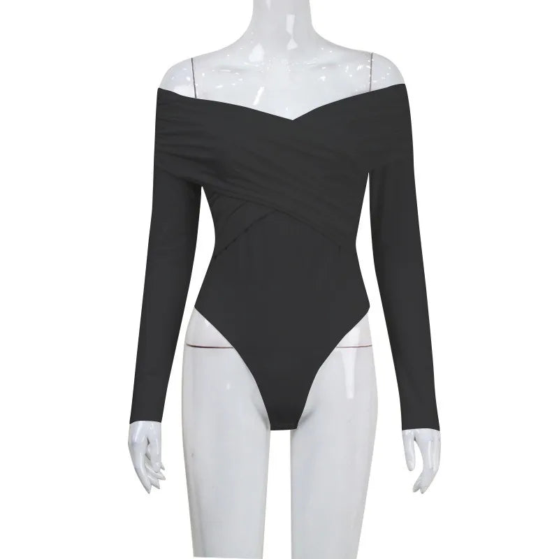 Off Shoulder Crossed Folds Long Sleeve Fashion Bodysuits