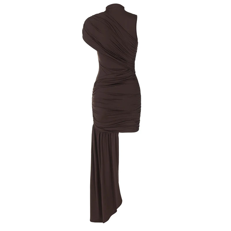 Elegant Turtleneck Sleeveless High Waist Pleated Irregular Draped Ruched Sexy Mini Dress