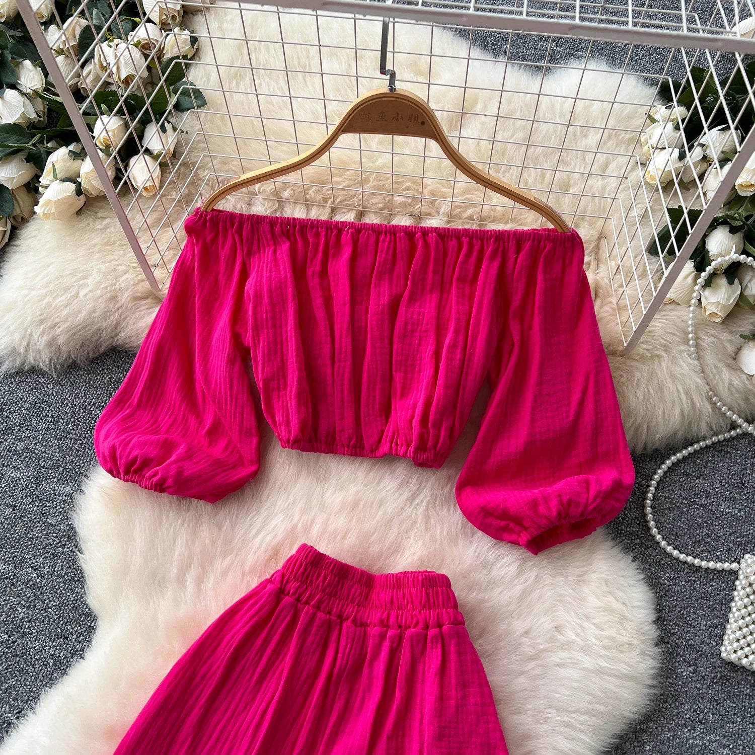 Lantern Sleeve Off Shoulder Crop Top+High Waist Wide Legs Pants Two Piece Set