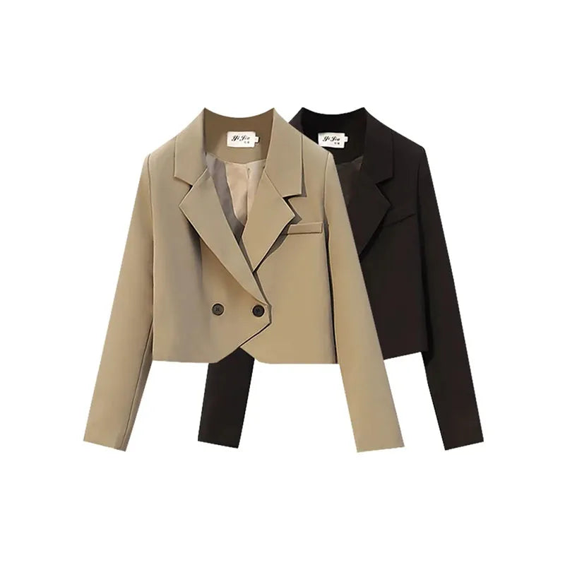 Cropped Blazer  Vintage Long Sleeve Notched Collar Suit-Jacket