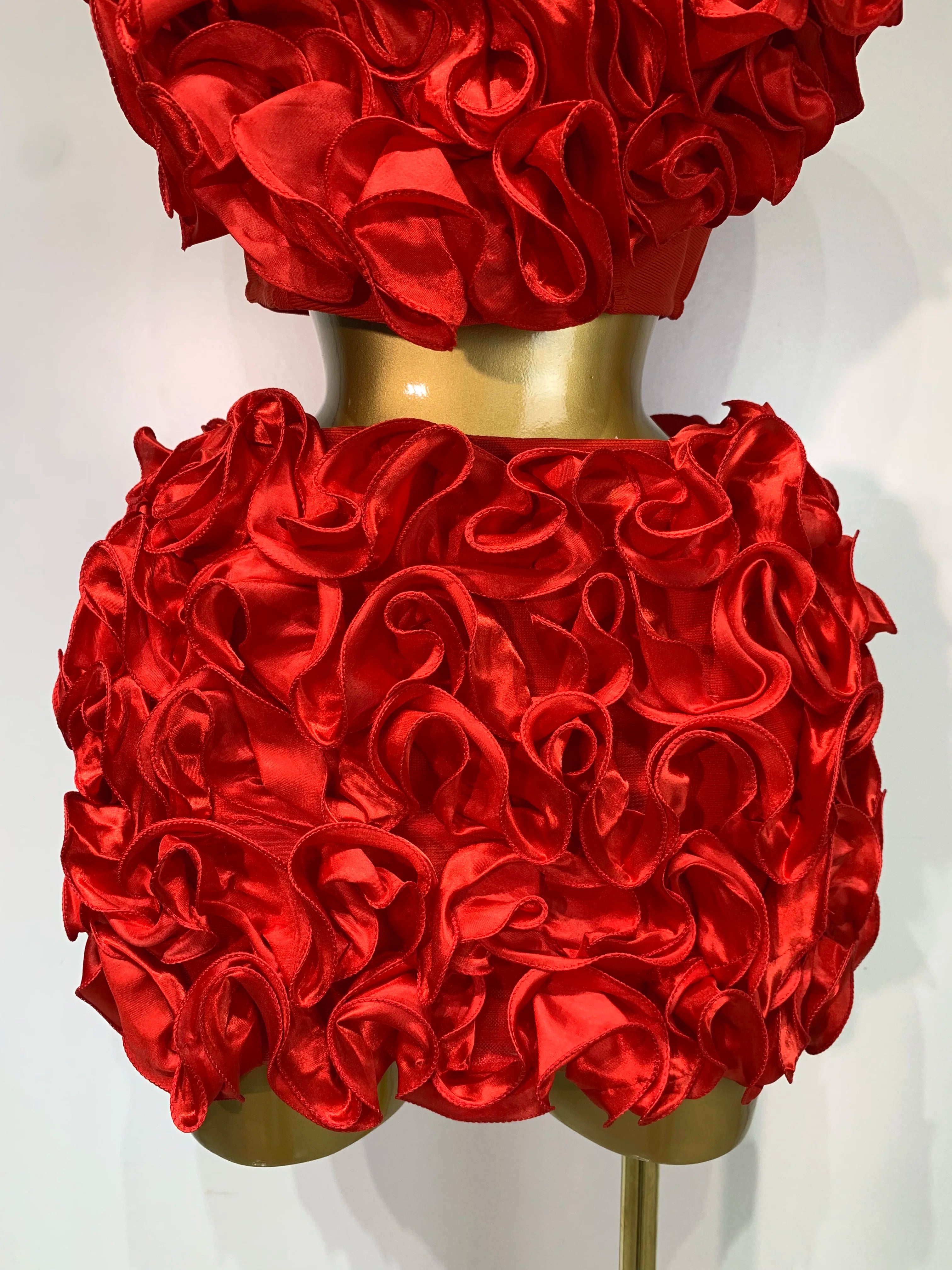 Strapless Red flower Top With Mini Skirt Bodycon Bandage Two Pieces Set