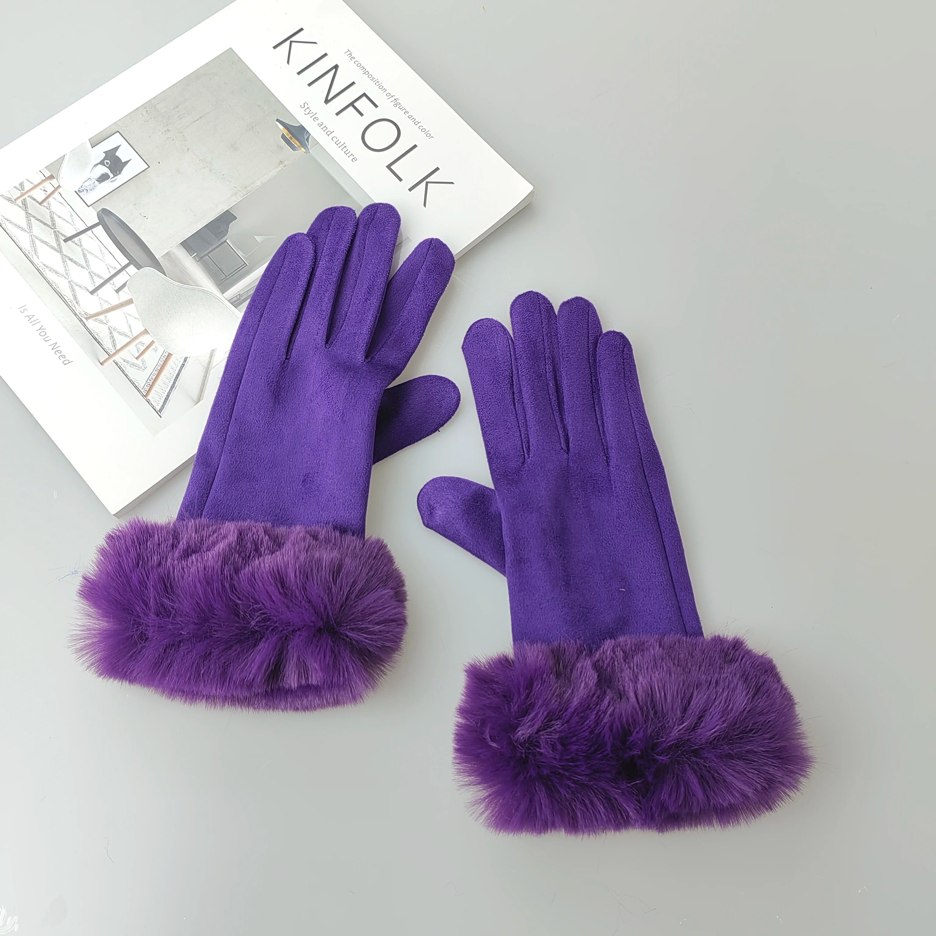 Faux Fur Suede Leather Touch Gloves