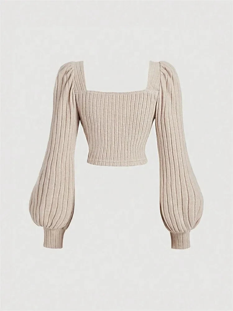 Casual Lantern Long Sleeve Square Neck Crop Top