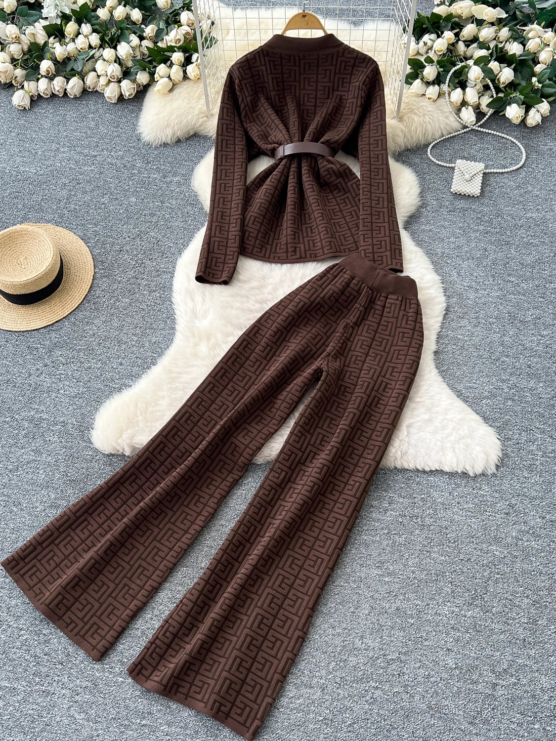 Elegant High Waist Pants Knitted Top with Belt Two Piece Set