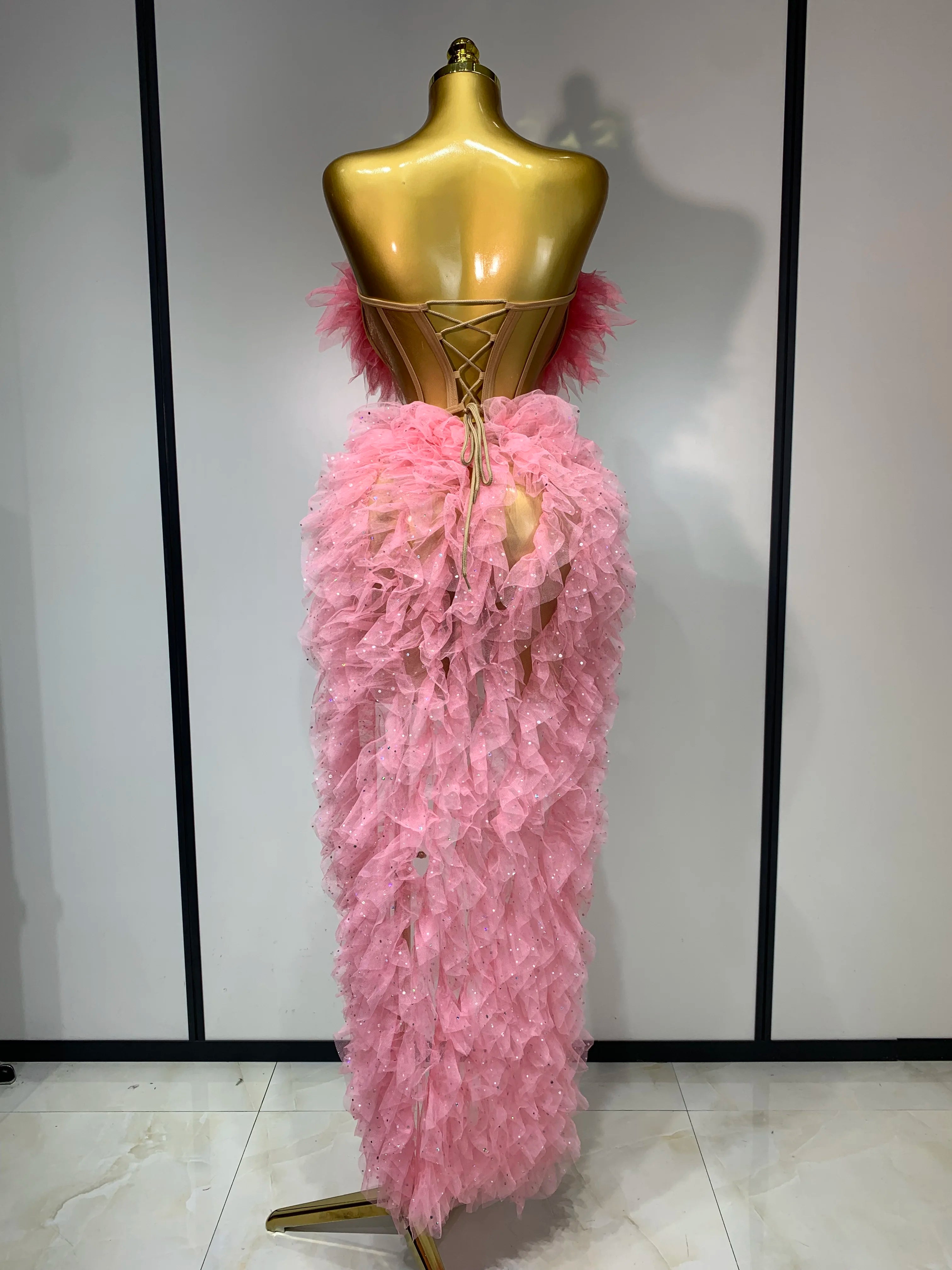 Strapless Ruffles two Pieces Set Bodycon Long Dress High Split Nightclub Birthday  Dress