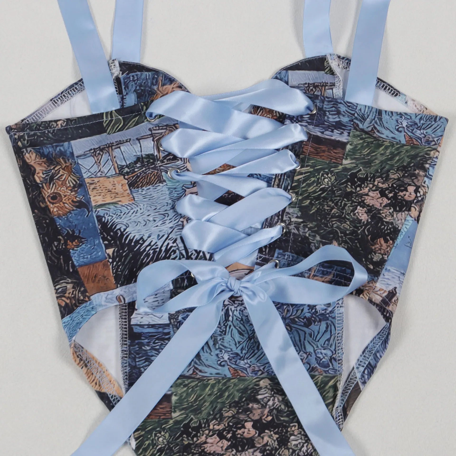 Oil Painting Ink Splash Printing Drawstring Tie Lace Multi-Pocket Straight Pants Two Piece Set