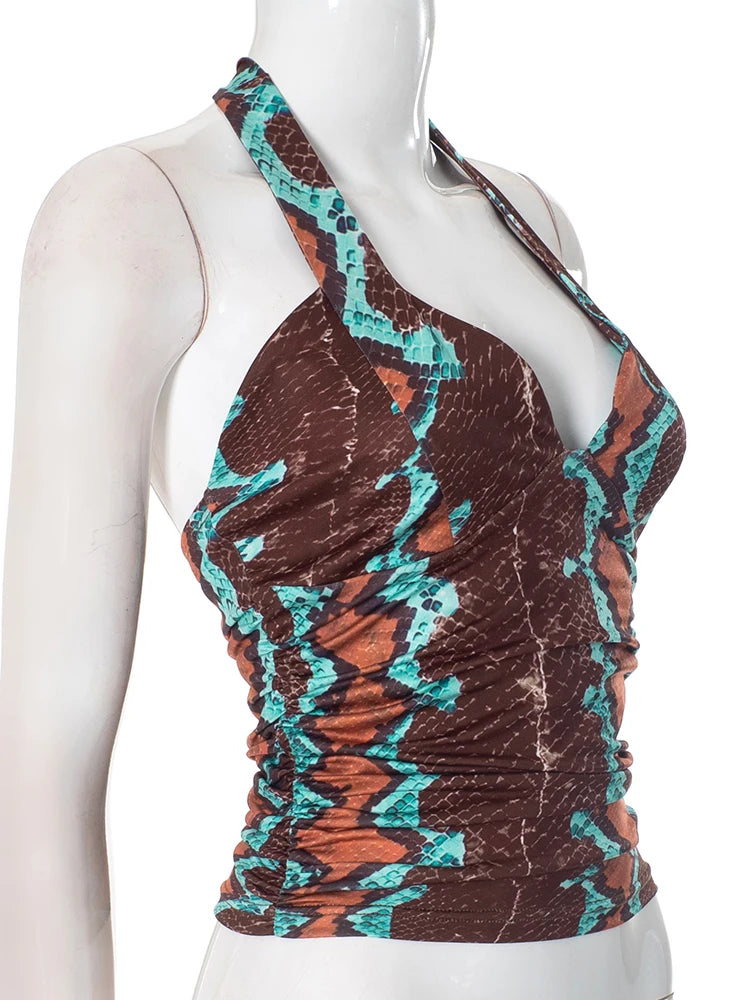 Lace-Up Halter Backless Y2K Print Tank Tops